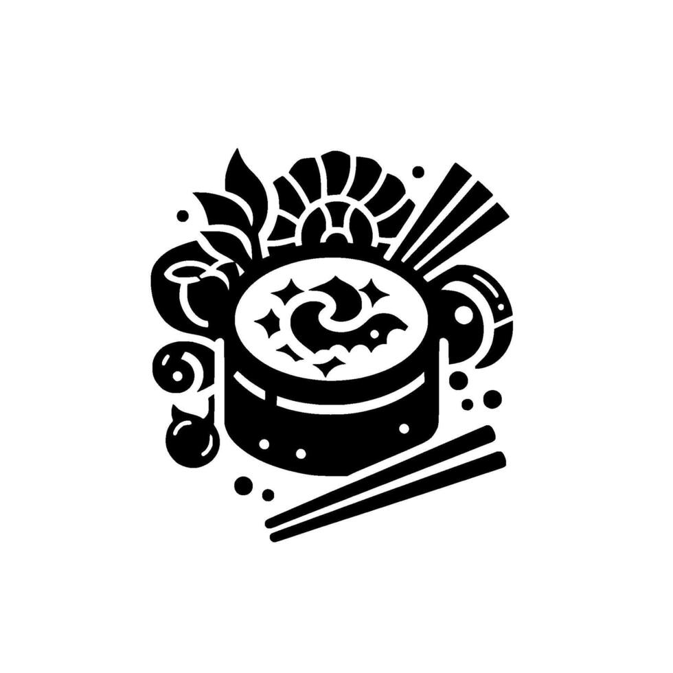 Stylized blackandwhite illustration of a ramen bowl with various ingredients and chopsticks, on a white background. vector