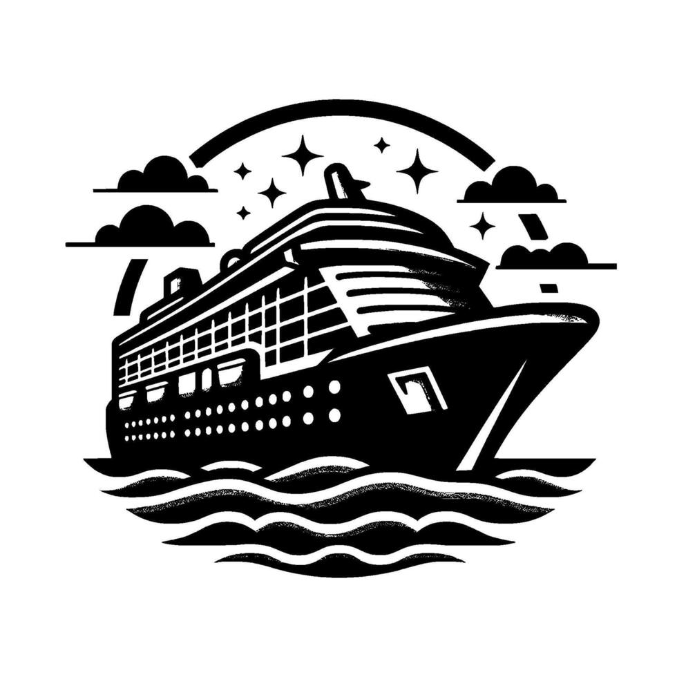 Stylized monochrome cruise ship with wave crests, clouds, stars, and a subtle rainbow arc on a pristine white backdrop. vector