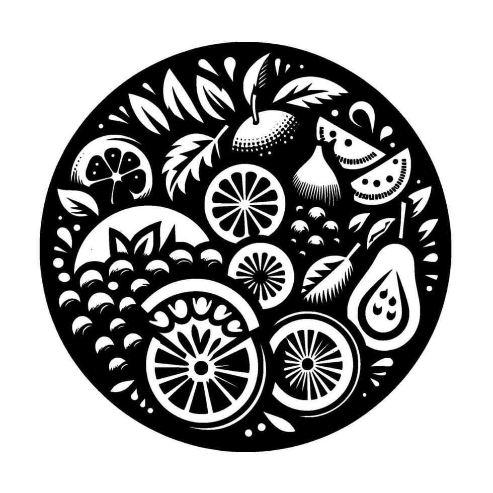 Monochrome Circular Composition of Stylized Fruits Oranges, Lemons, Grapes, Pears, Leaves in Black and White. vector