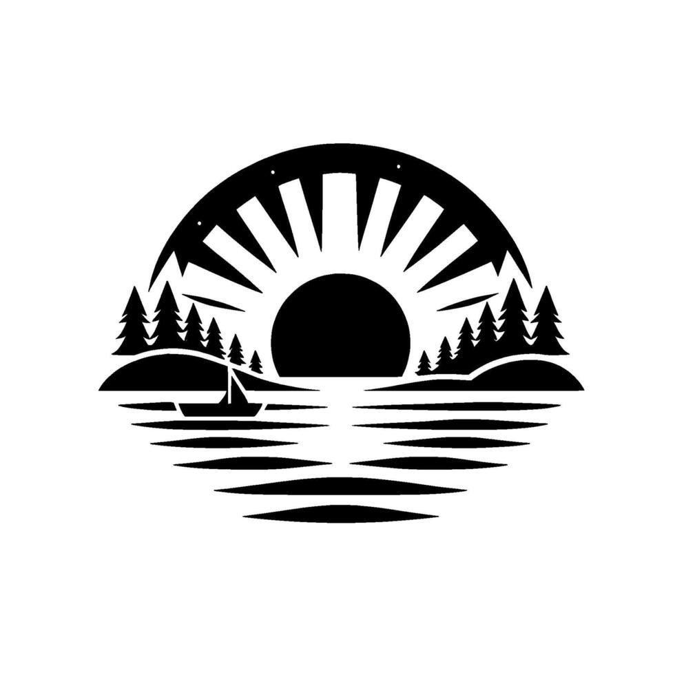 Silhouetted Scene Sunburst over Serene Lake, Forested Banks, and Sailing Boat in a Minimalist Black and White . vector
