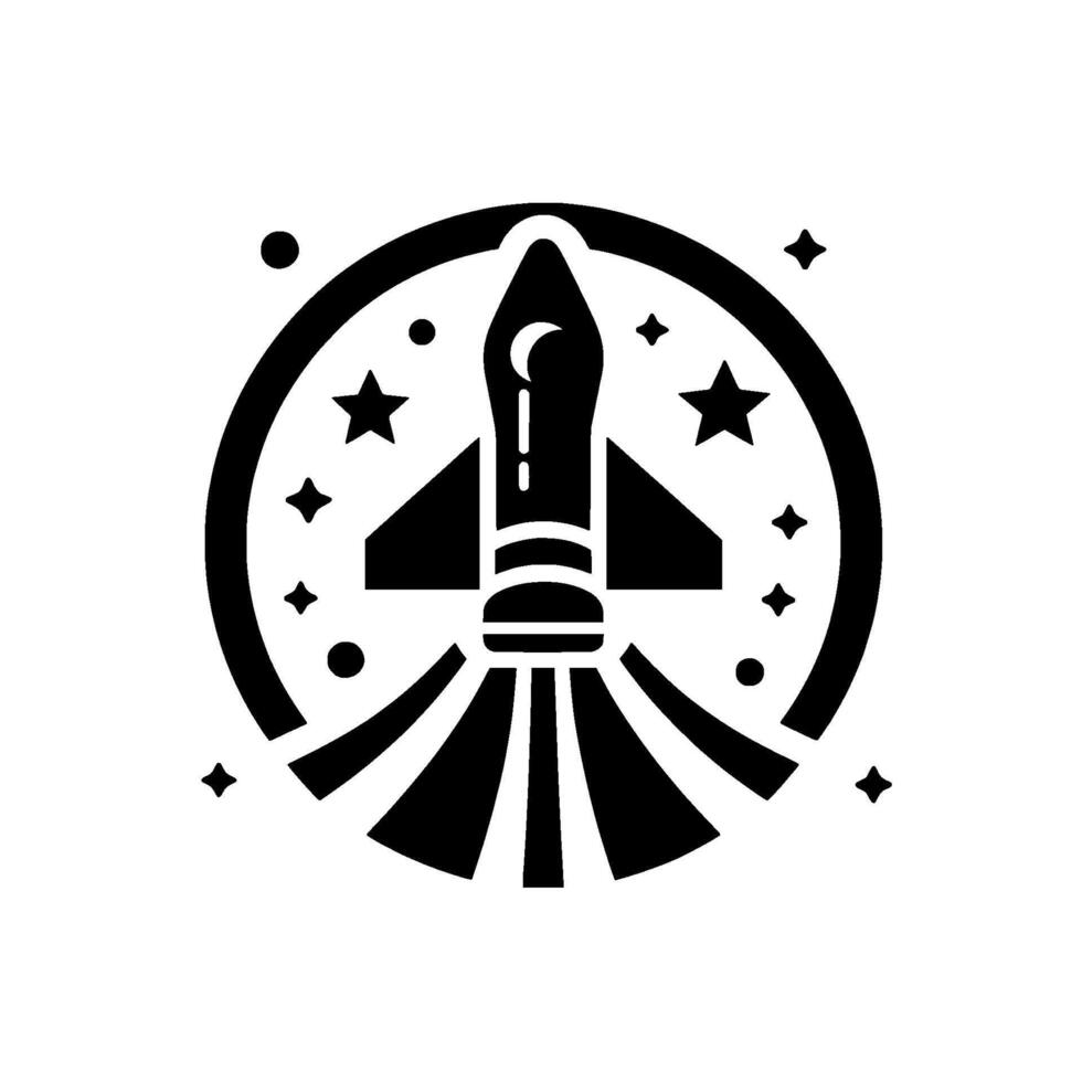 Black and White Space Rocket with Moon Emblem, surrounded by stars inside of circle, in a retro style vector