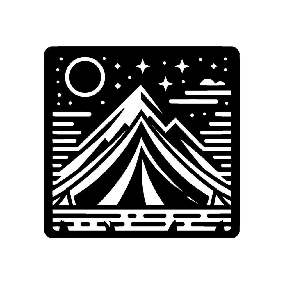 Black and white stylized nighttime camping scene illustration featuring mountains, a tent, stars, and a full moon, framed in a square. vector