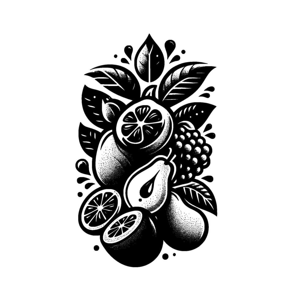 Black and White Fruit Still Life Illustration with Citrus, Grapes, and Pears, Surrounded by Foliage and Water Drops vector