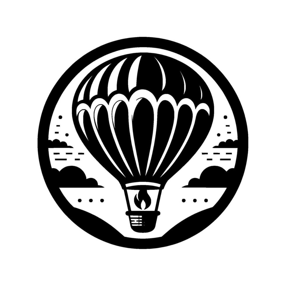 A circular black and white of a hot air balloon, flame, clouds, and simple landscape, depicting air travel and adventure. vector