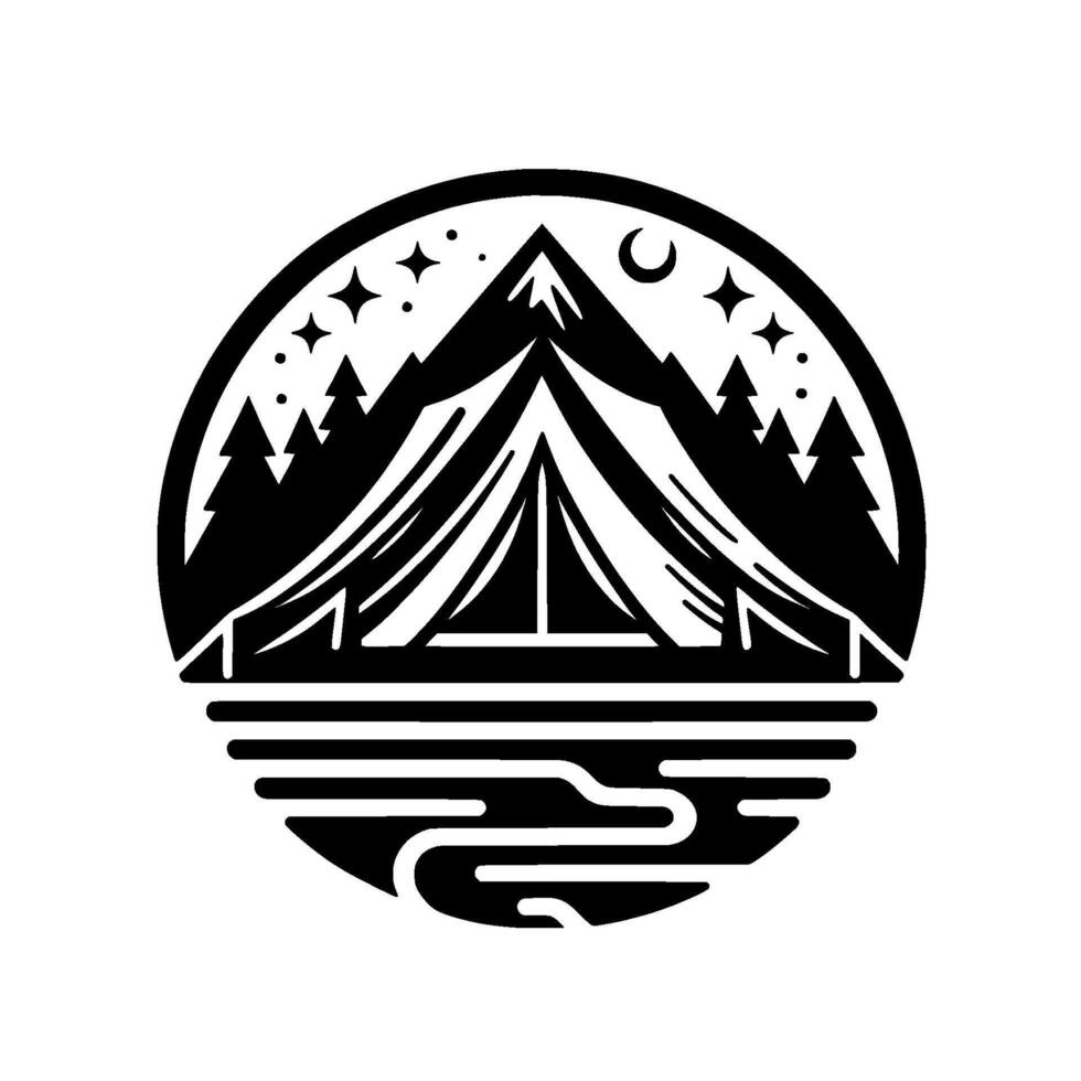 Minimalist Black and White Circular Camp Tent with Mountain Backdrop, Stars, Moon, Forest Lake vector