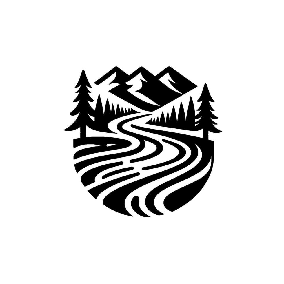 Minimalist black and white oval emblem featuring mountains, trees, and a winding river, representing natures serenity. vector