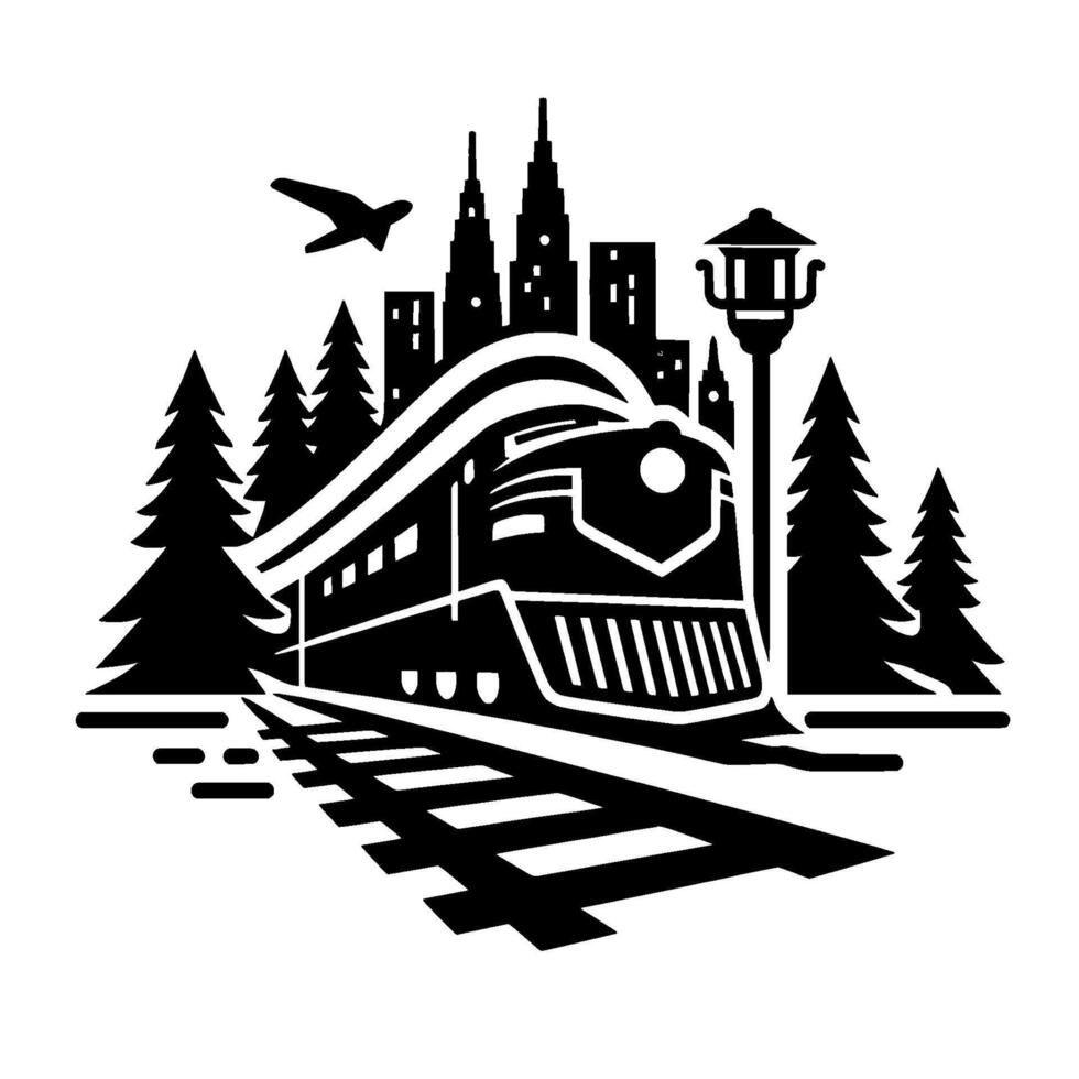 Illustration of a Classic Train Departing from a Forested Area towards a City Skyline, Featuring Plane Streetlamp vector