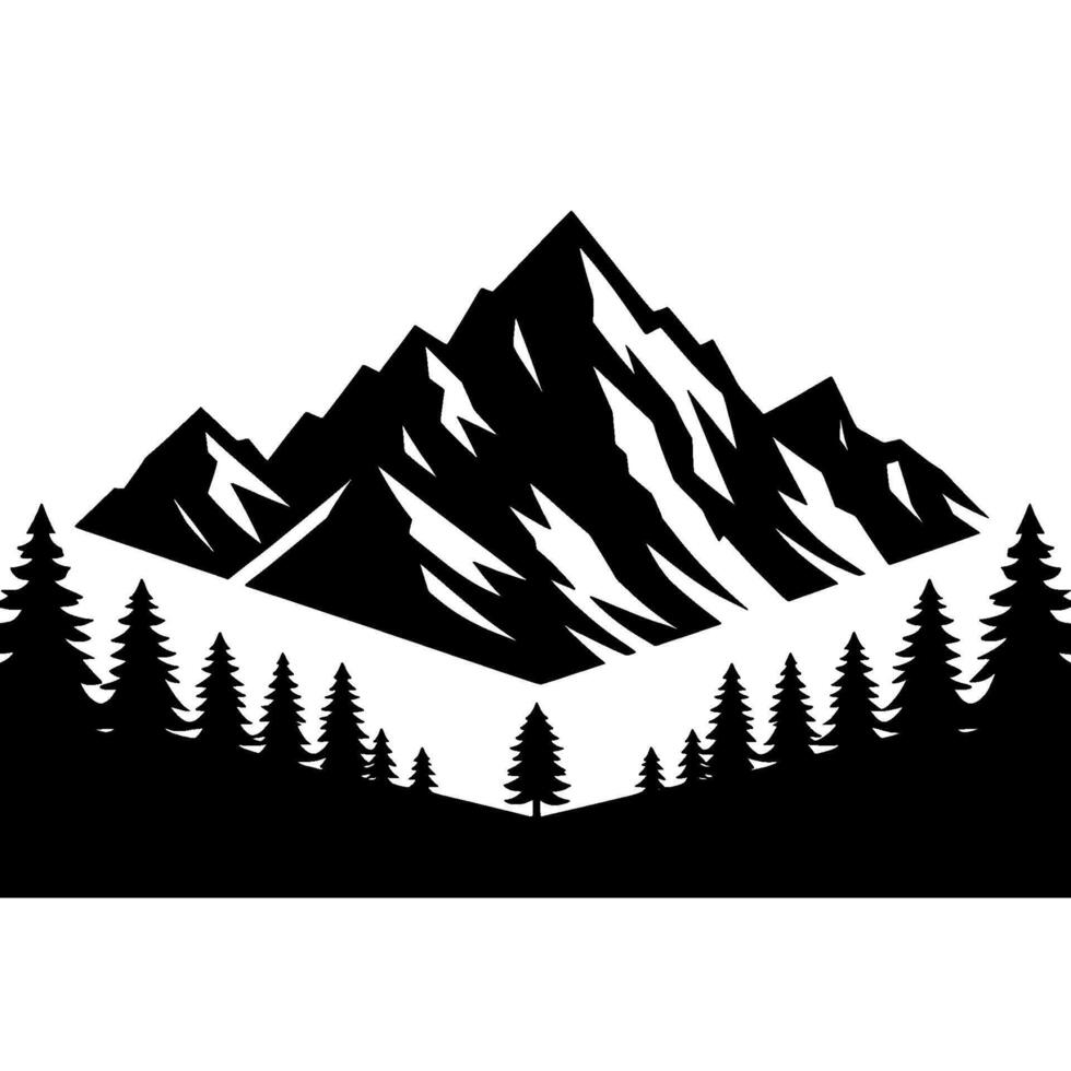 Minimalist black and white silhouette art of a mountain range and a pine tree forest landscape. vector