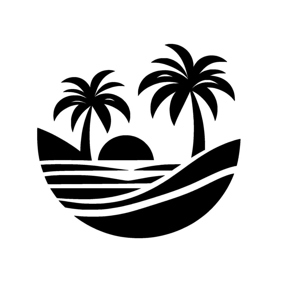 Minimalist Black and White of a Tropical Sunset Scene, featuring Palm Trees on an Island, with a rising Sun over the ocean. vector
