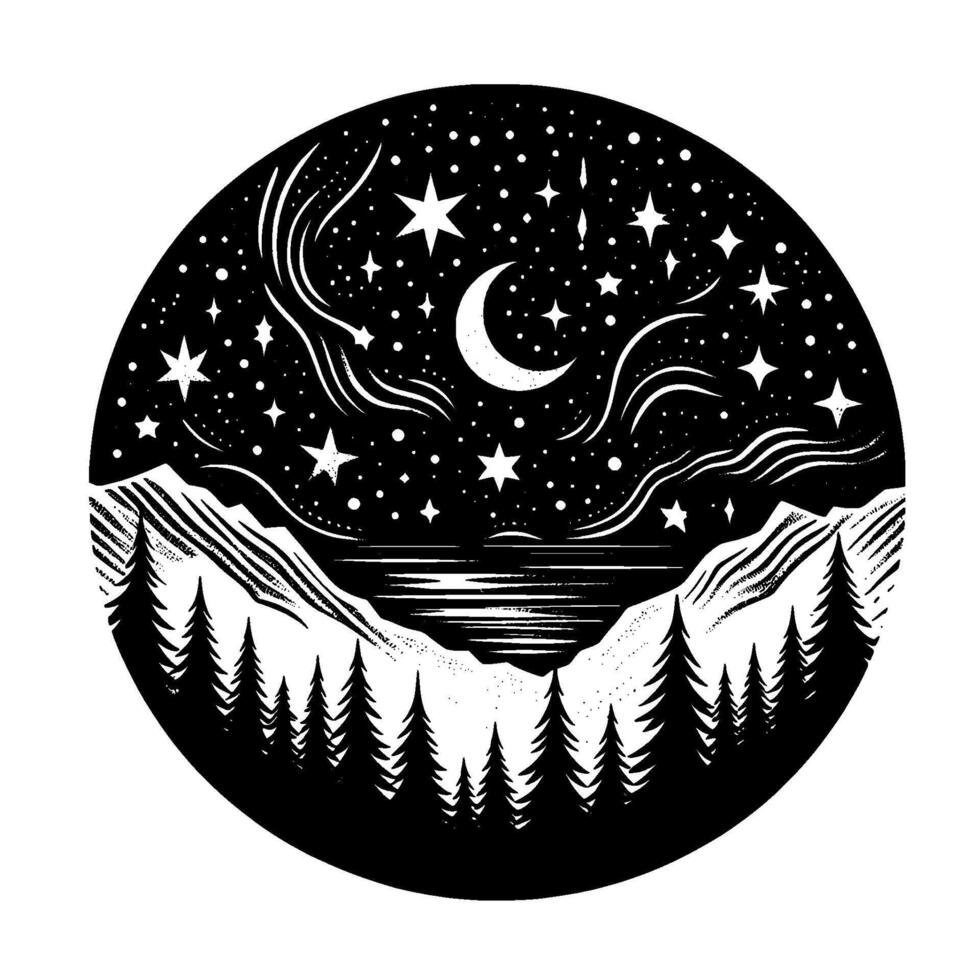 A celestial black and white circle of a moonlit night sky over a lake framed by mountains and a forest silhouette. vector