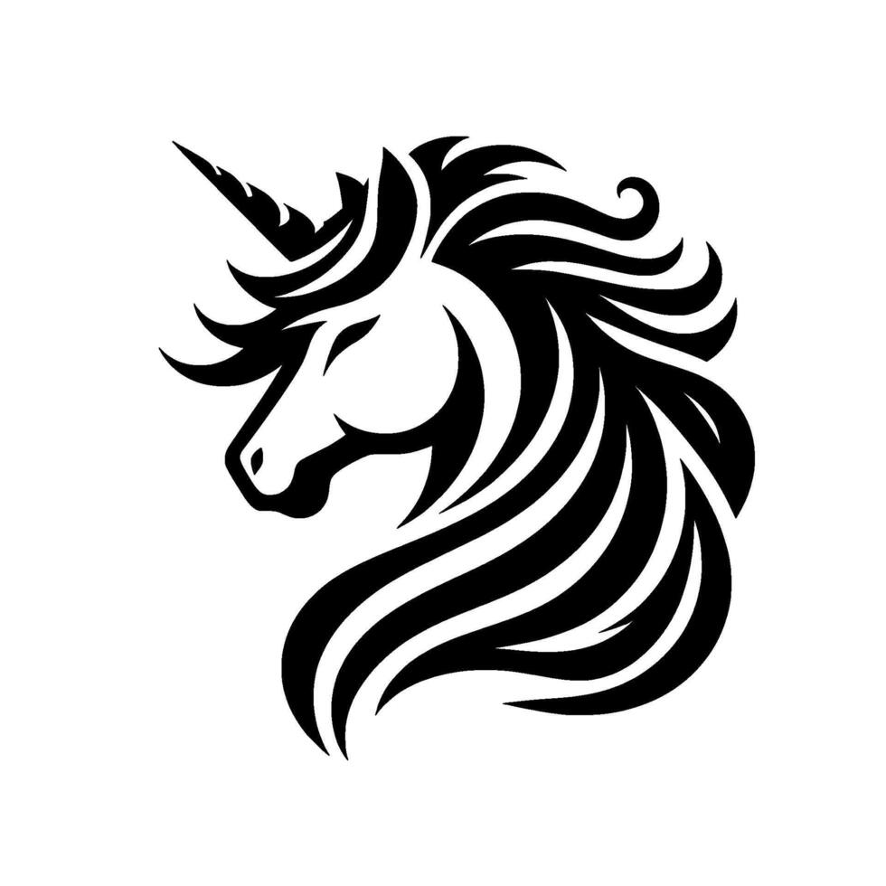 Elegant Black and White Unicorn Head Silhouette with Flowing Mane and Horn, Isolated on White. vector