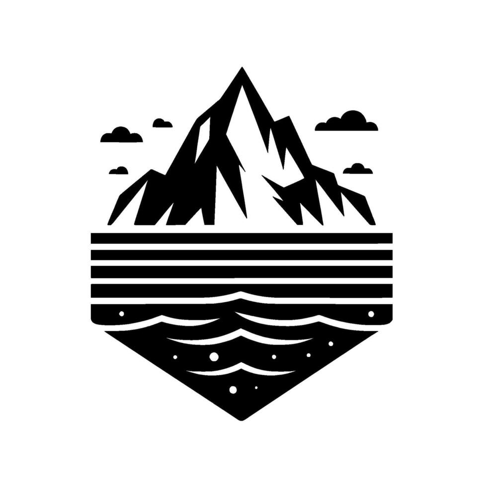 Stylized Black and White Emblem Jagged Mountain Peak Above Striped Sea, Clouds in a Geometric Diamond Frame. vector