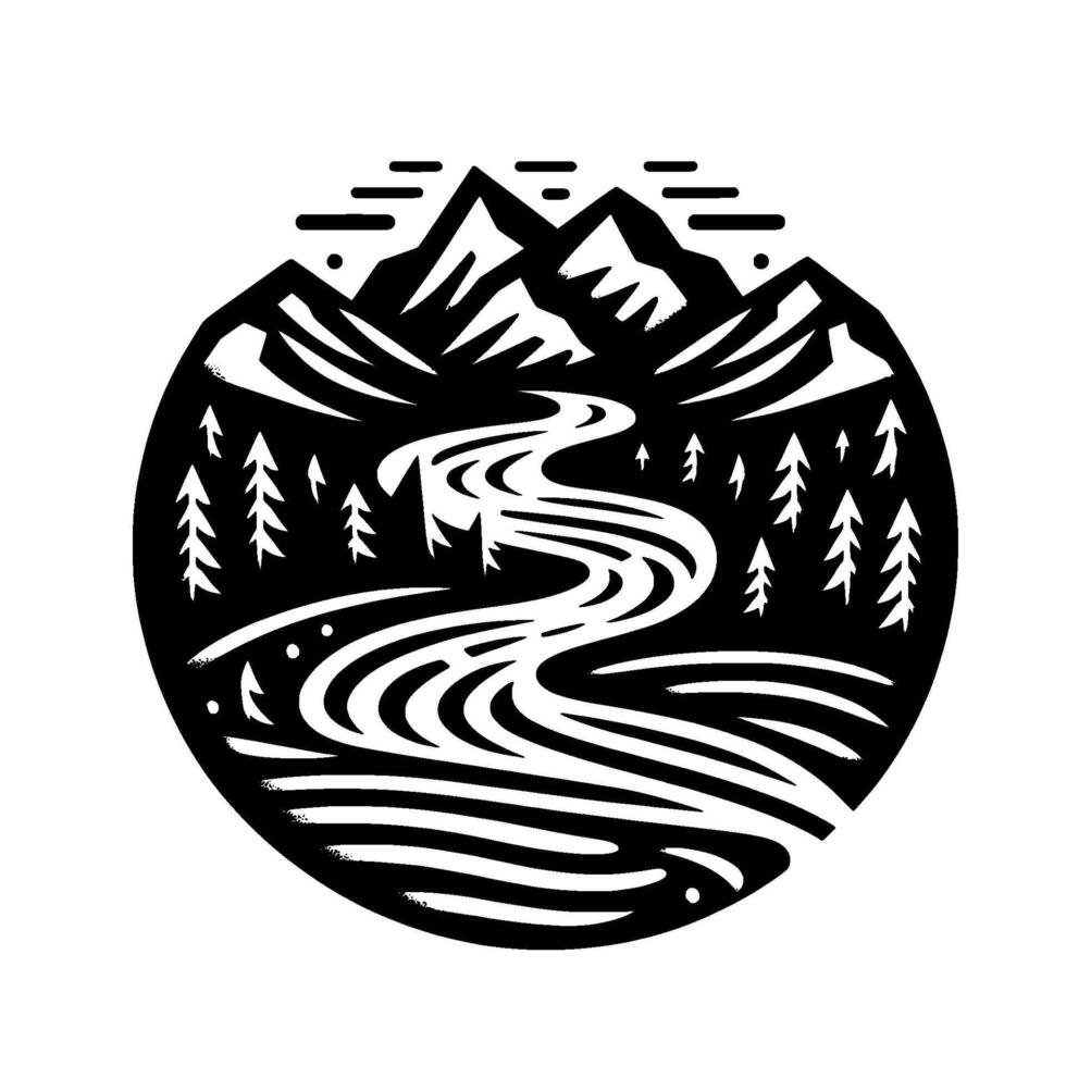 Black and white circular illustration of a mountain landscape featuring a winding river, pine trees, and peaks. vector