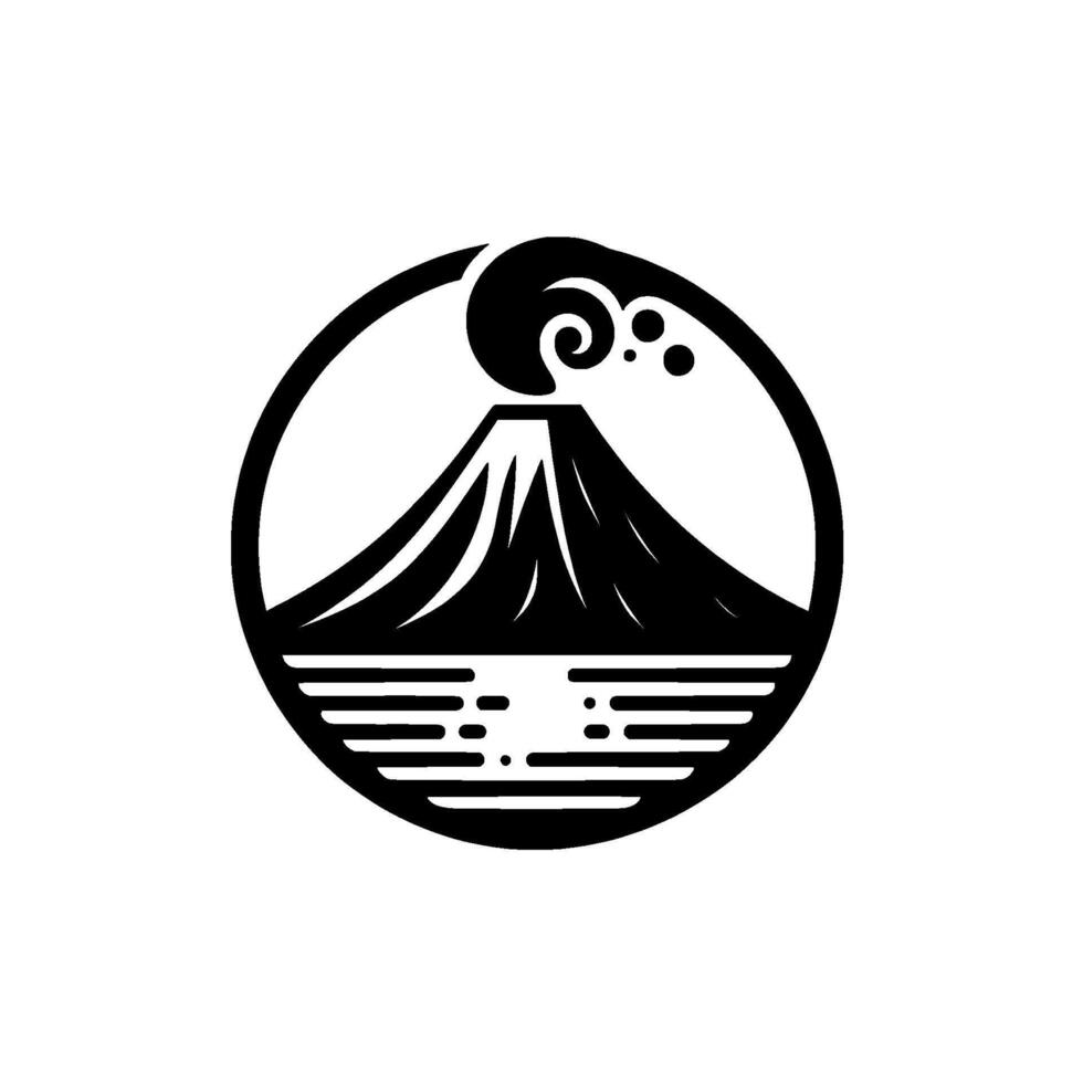 Black and white minimalist circle emblem featuring a stylized mountain erupting smoke, over a body of water, simple and elegant . vector