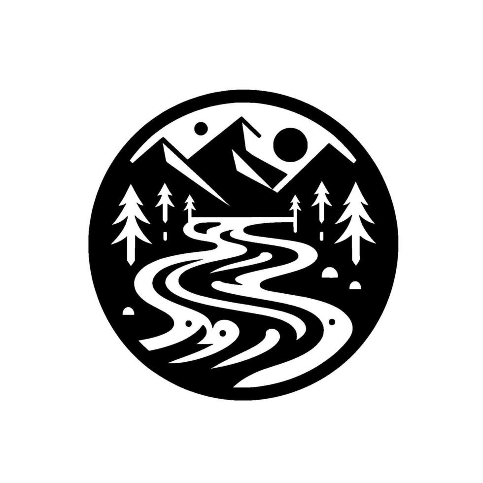 A minimalist, circular black and white scenic featuring mountains, a meandering river, trees, and celestial bodies, evoking natures tranquility. vector