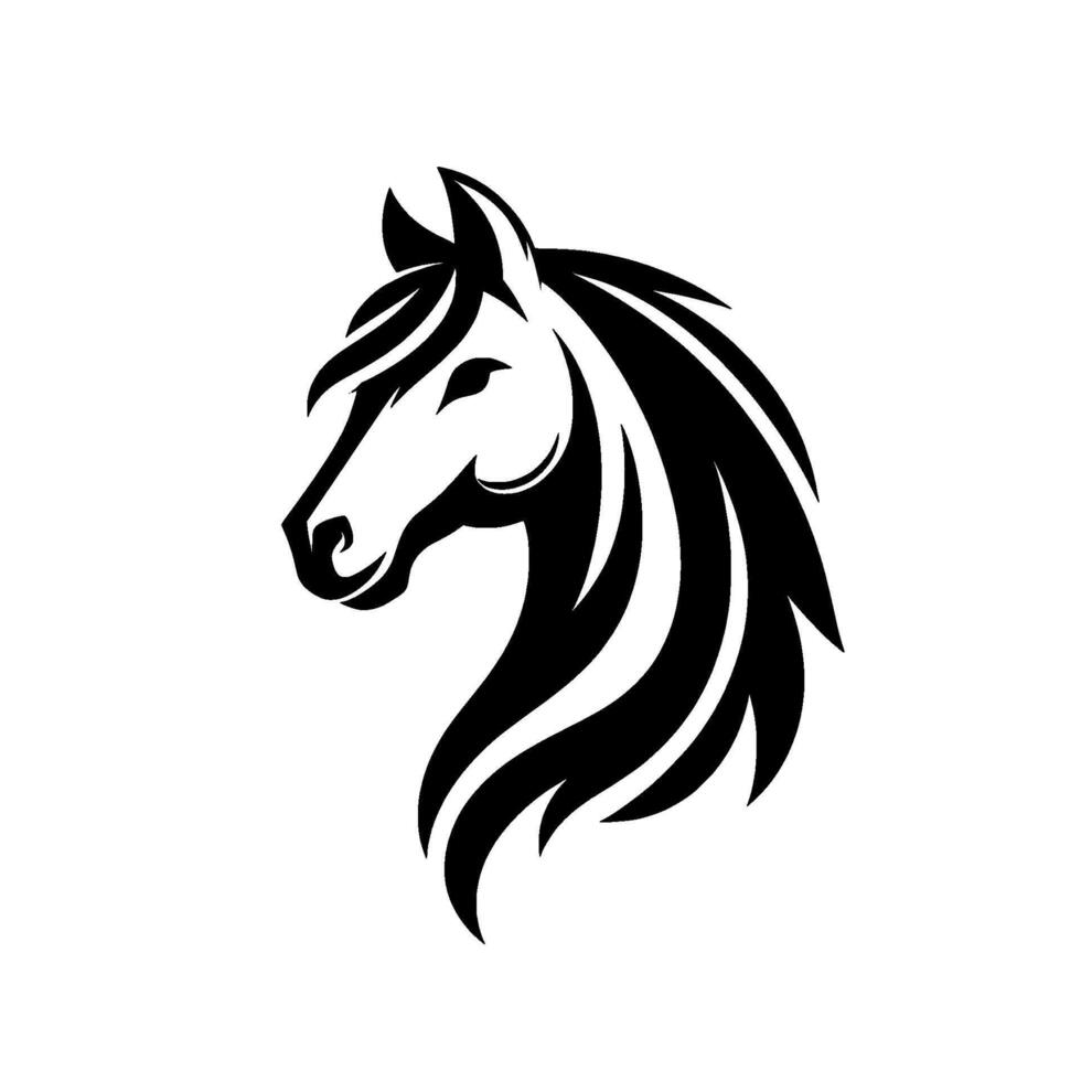 Elegant Black and White Horse Head Silhouette with Flowing Mane, Minimalist , Isolated on White Background. vector