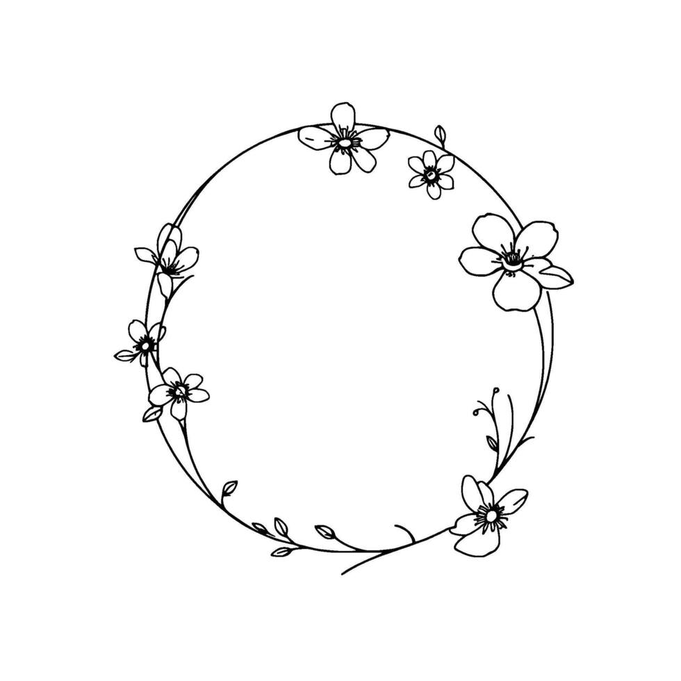 delicate black line art floral wreath, minimalist , blossoms and leaves arranged in circular frame on white background vector