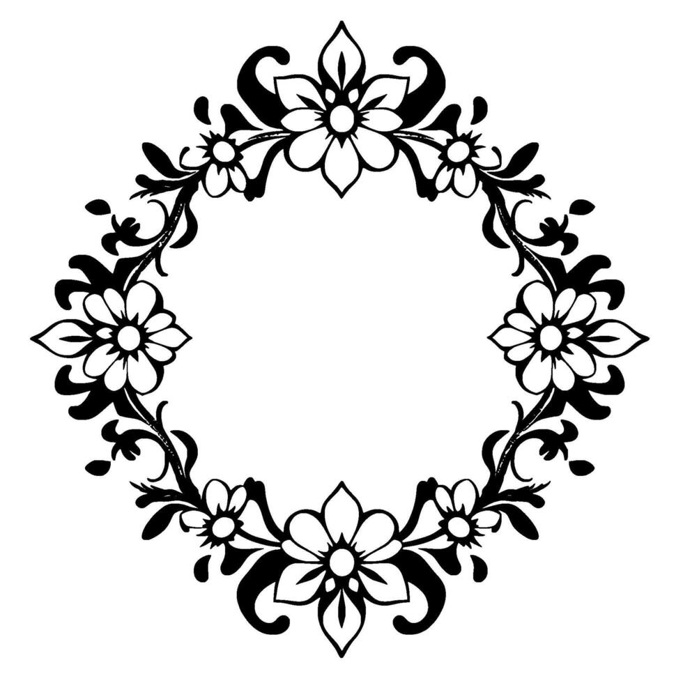 ornamental black floral frame, featuring symmetrical arrangement of flowers, leaves, and elegant swirls against white backdrop, creating decorative border. vector