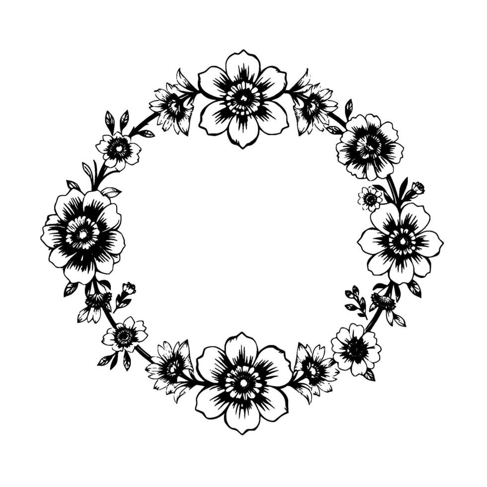 intricate, symmetrical circular floral wreath illustration in black and white, featuring detailed outlines and delicate line work. vector
