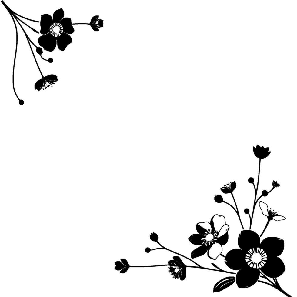 black and white minimalist floral corner , showcasing elegant stylized blooms and delicate branches, perfect for frames and embellishments. vector