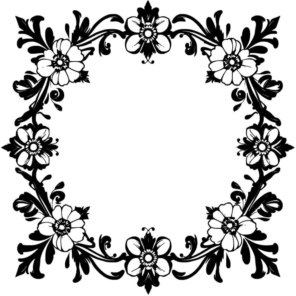 elegant black white floral frame a symmetrical featuring stylized flowers, leaves and vines, creating a classic ornamental border with a blank center. vector