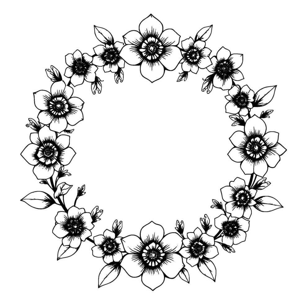 a meticulously crafted, detailed black and white floral wreath illustration featuring a ring of stylized blooming flowers, leaves, and buds, centered on a clean white background. vector