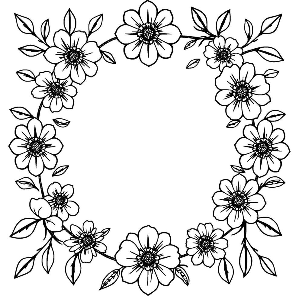 intricate floral wreath in black and white, featuring detailed line art of blooming flowers and foliage, with a central empty space. vector