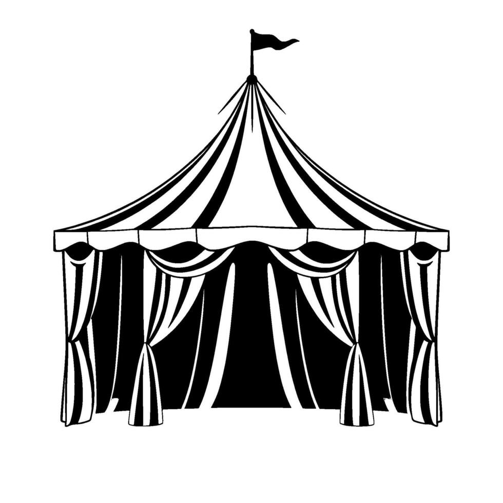 illustrated black and white circus tent with striped roof, draped curtains, and a flag atop, set against a white background. vector