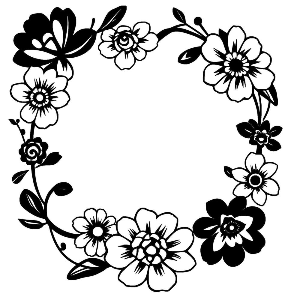 elegant black and white floral wreath illustration with detailed flower petals and open center for text or . vector