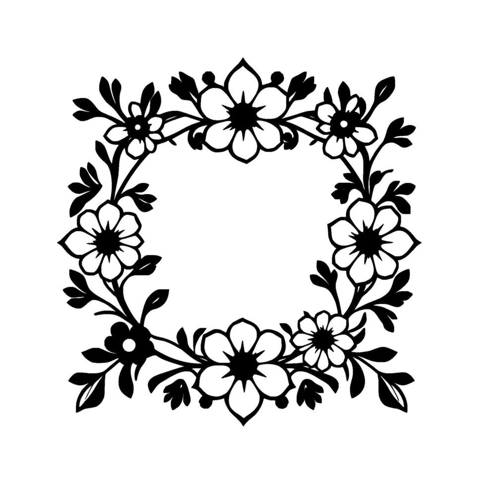 elegant black white floral frame a squareshaped featuring stylized flowers, leaves, and intricate stem arrangement, perfect for decorative borders. vector
