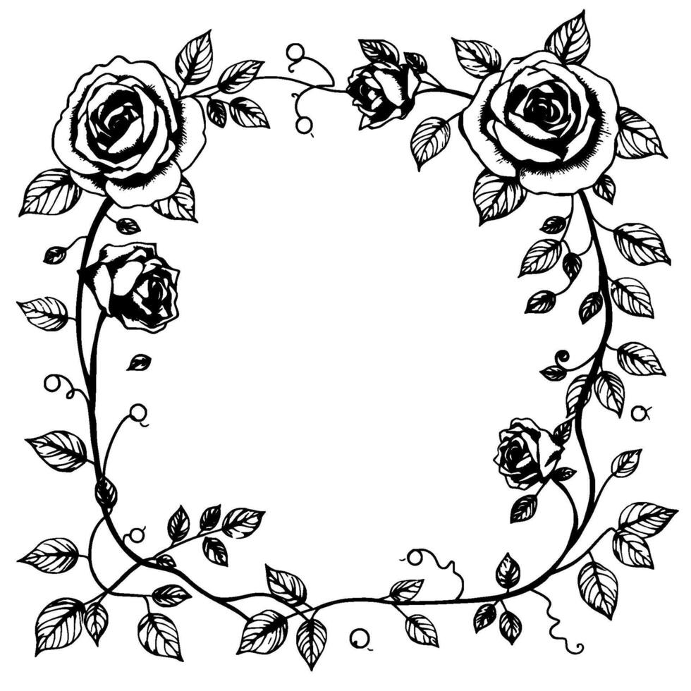 an elegant black and white floral frame featuring roses and leaves, perfect for invitations, borders, and decorative elements. vector