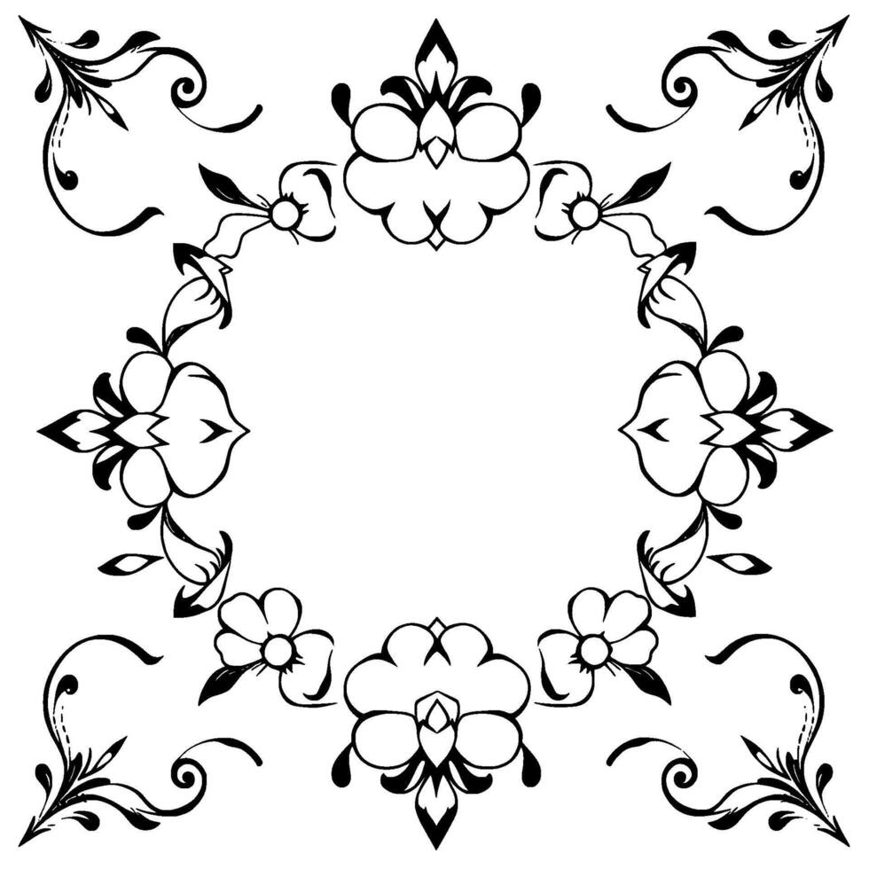 elegant black floral frame ornate circular with detailed botanical motifs, decorative swirls, and a central blank space. vector