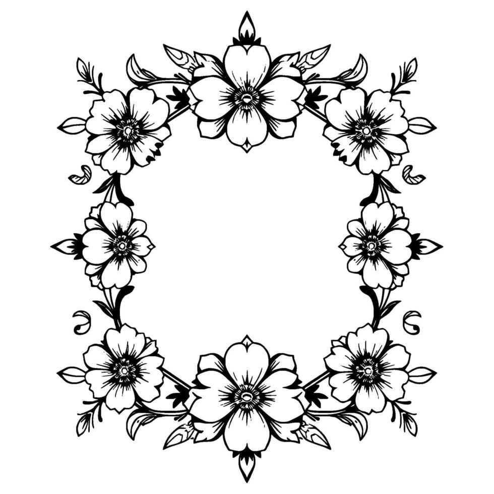 exquisite floral frame illustration, featuring meticulously crafted blossoms and foliage in striking black and white, offering a captivating, minimalist aesthetic. vector
