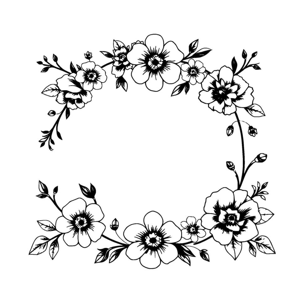 intricate black and white floral wreath artistic depiction of blooming flowers, leaves, and budding branches in an elegant, symmetrical composition vector