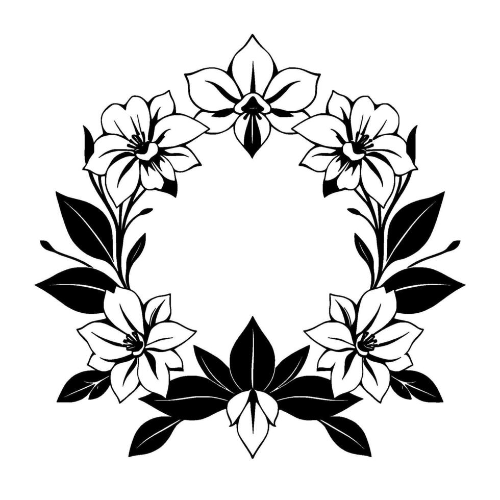 black and white floral wreath, symmetrical, botanical illustration of lilylike blossoms with dark leaves, elegant , and space for text. vector