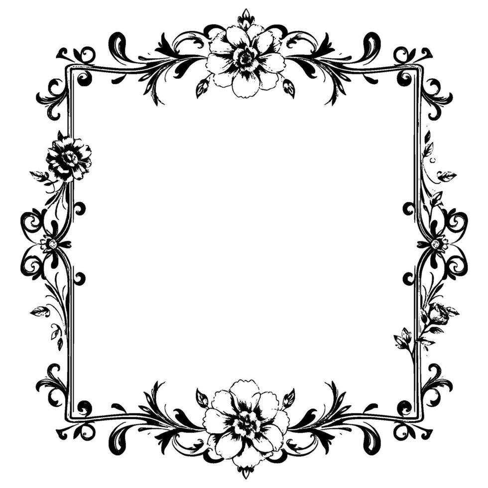 intricate black and white floral frame, victorian style, bordering blank space, elegant botanical flourishes vector
