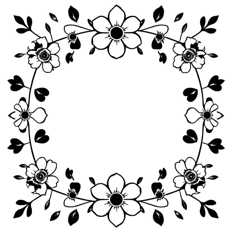 an elegant, symmetrical monochrome floral wreath featuring various flower types, leaves, and delicate stems with an open central space. vector