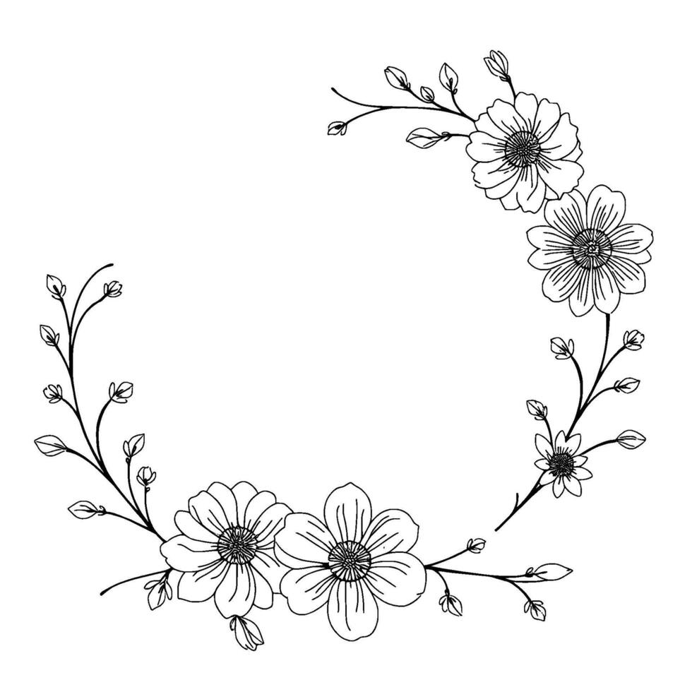 delicate floral wreath detailed line art of flowers and leaves, symmetrical composition on white background. vector
