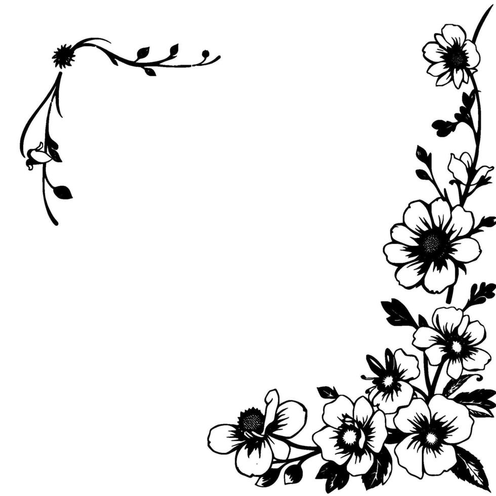 elegant black and white floral corner border minimalist with blossoms, leaves, and twigs on white background vector