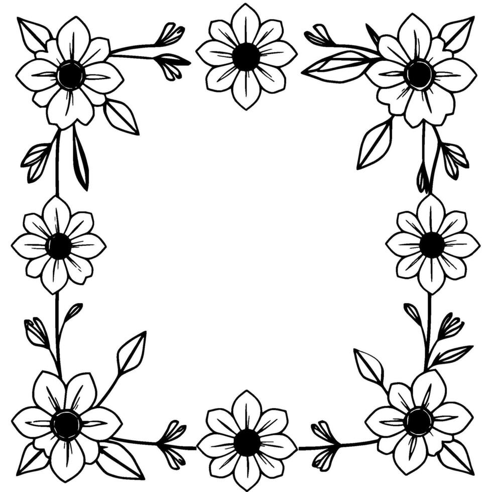 elegant floral frame in black and white, featuring stylized daisy flowers, leaves, and delicate stems, ideal for invitation borders. vector