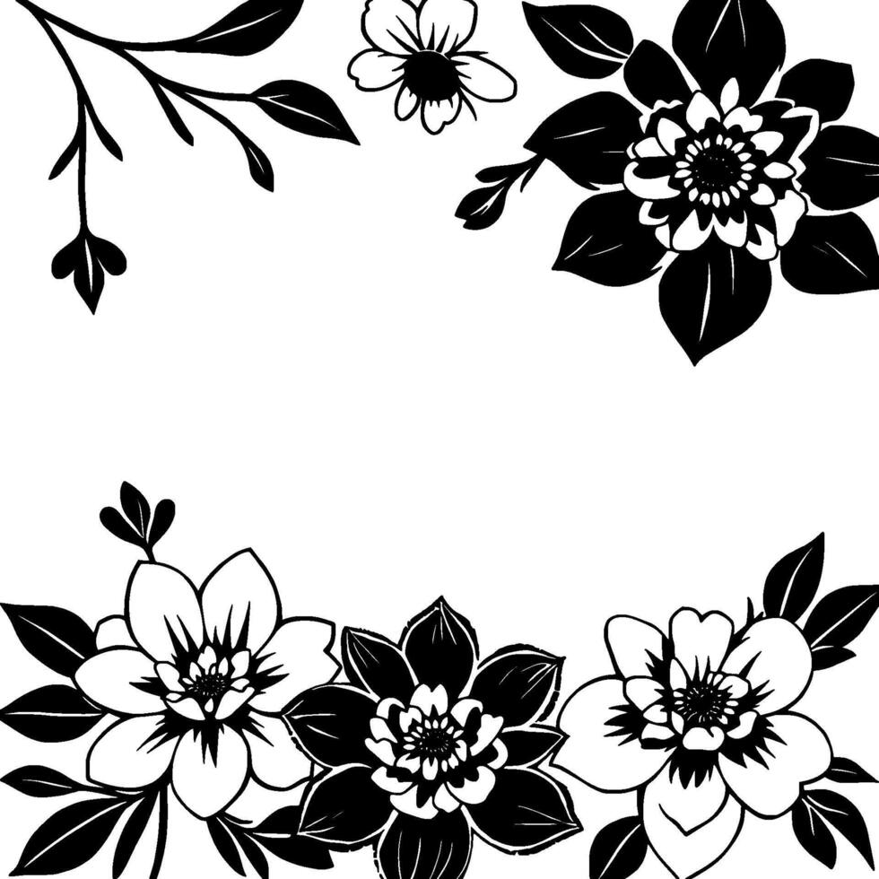 elegant black and white floral border featuring stylized dahlialike blossoms and foliage, perfect for framing vector