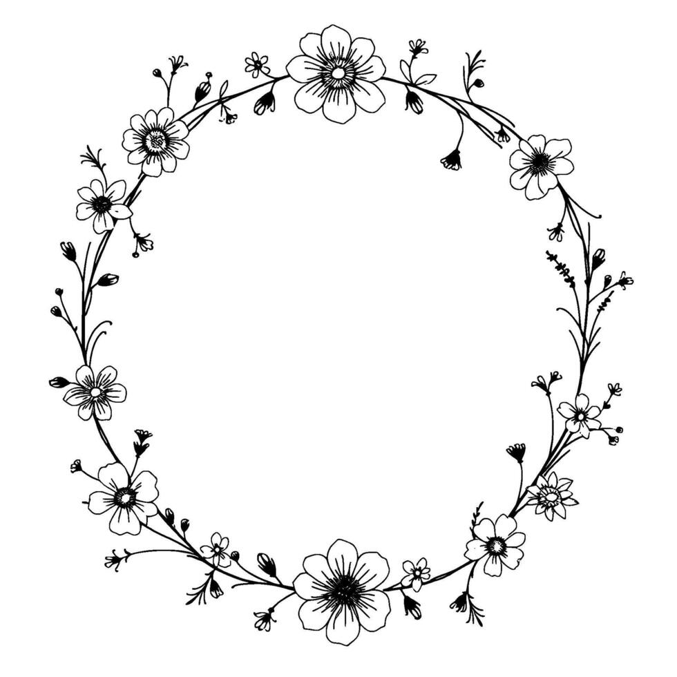 delicate black line art floral wreath on white, botanical illustration with detailed petals and leaves, circular frame for elements. vector