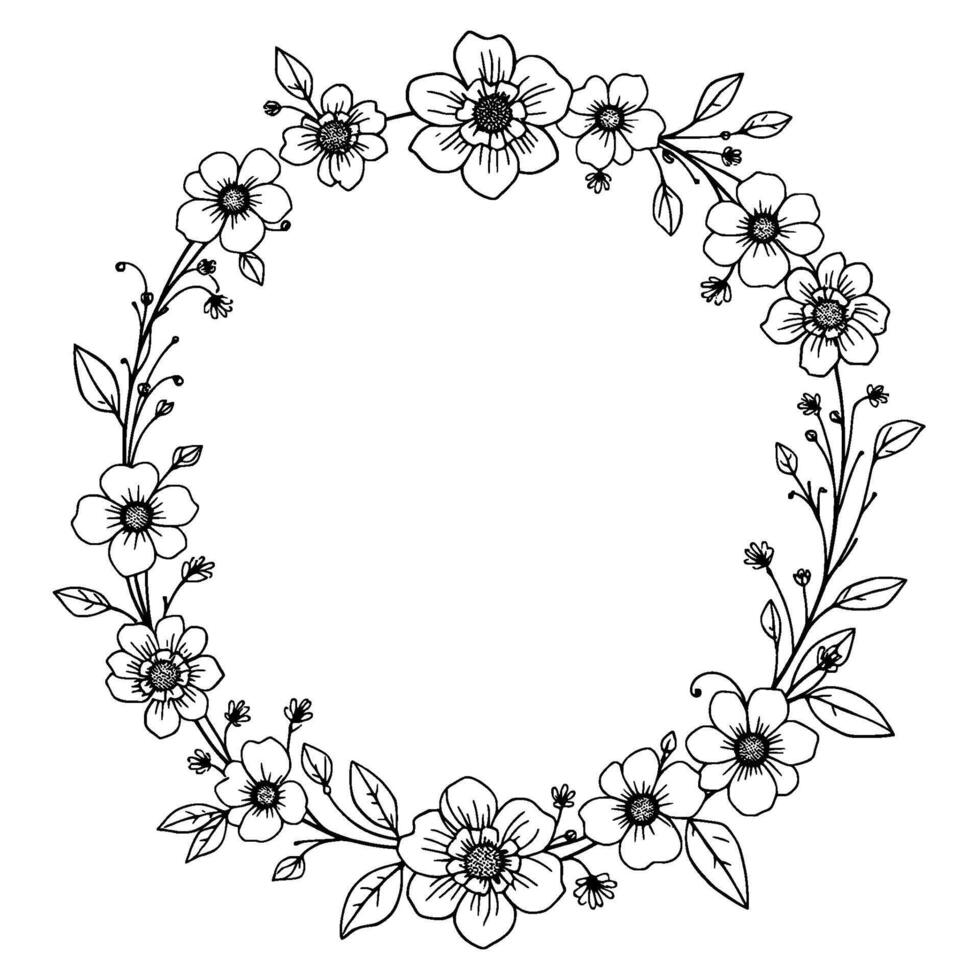 delicate blackandwhite floral wreath , featuring detailed line art of various flowers and leaves arranged in a circular pattern, perfect for invitations. vector