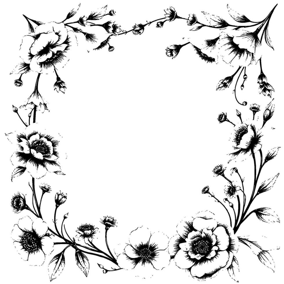 intricate black and white floral frame detailed pen ink drawing of various blooms and budding branches on a blank background. vector