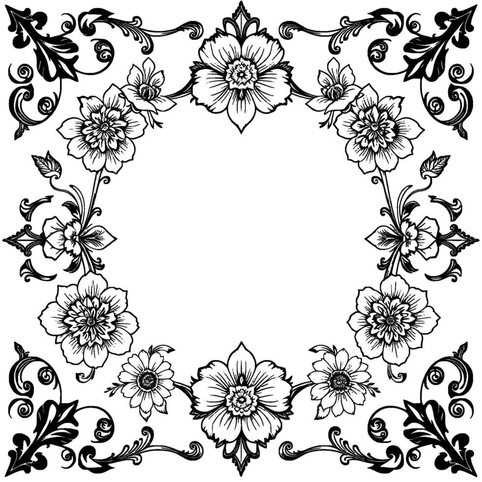 elegant black and white floral border with intricate details and scrollwork, featuring various bloom types and a central empty space. vector