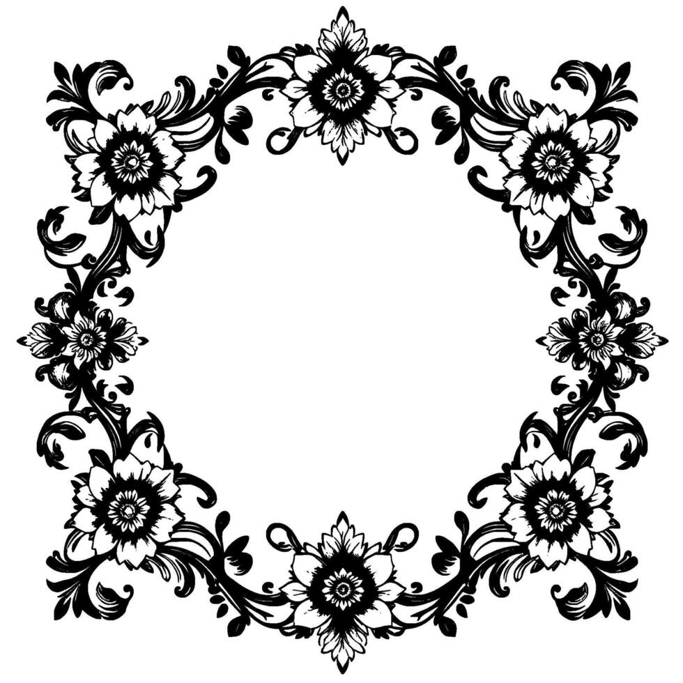 intricate black and white floral wreath with detailed, stylized flowers and elegant swirls on a white background. vector