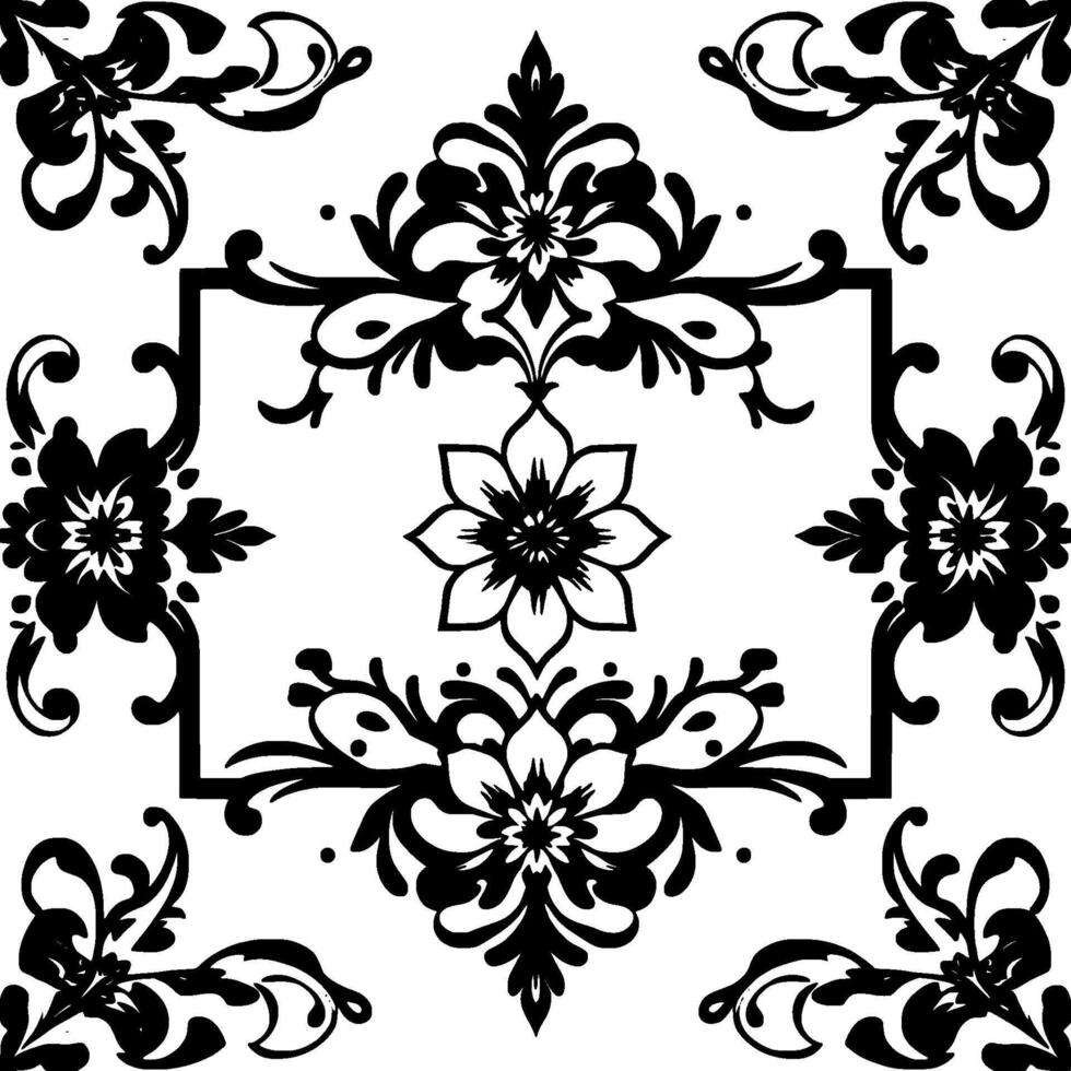 elegant symmetrical black floral pattern with delicate scrolls and a central flower, creating a decorative tile . vector