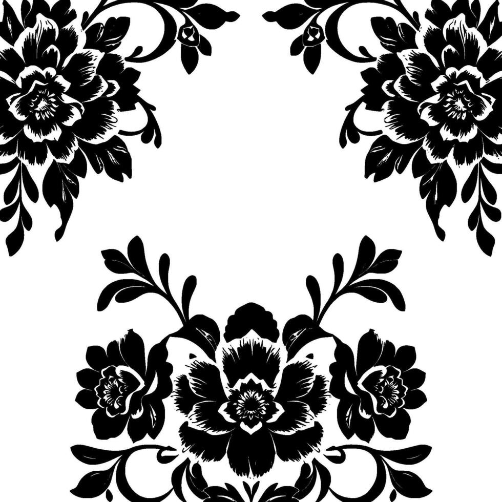 elegant black floral damask pattern on white background with four blooming flowers and decorative foliage vector