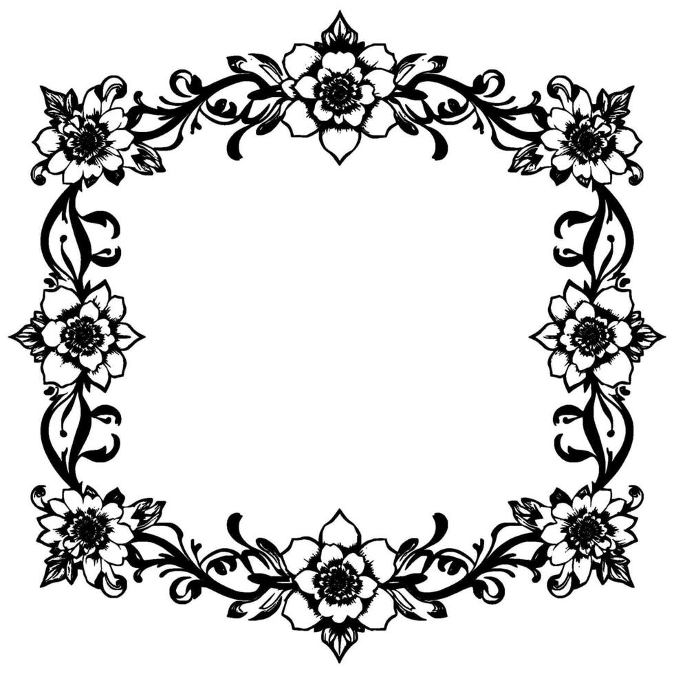 intricate black and white floral frame, symmetrical arrangement with detailed blossoms, leaves, and stylized vines, creating a classic aesthetic. vector