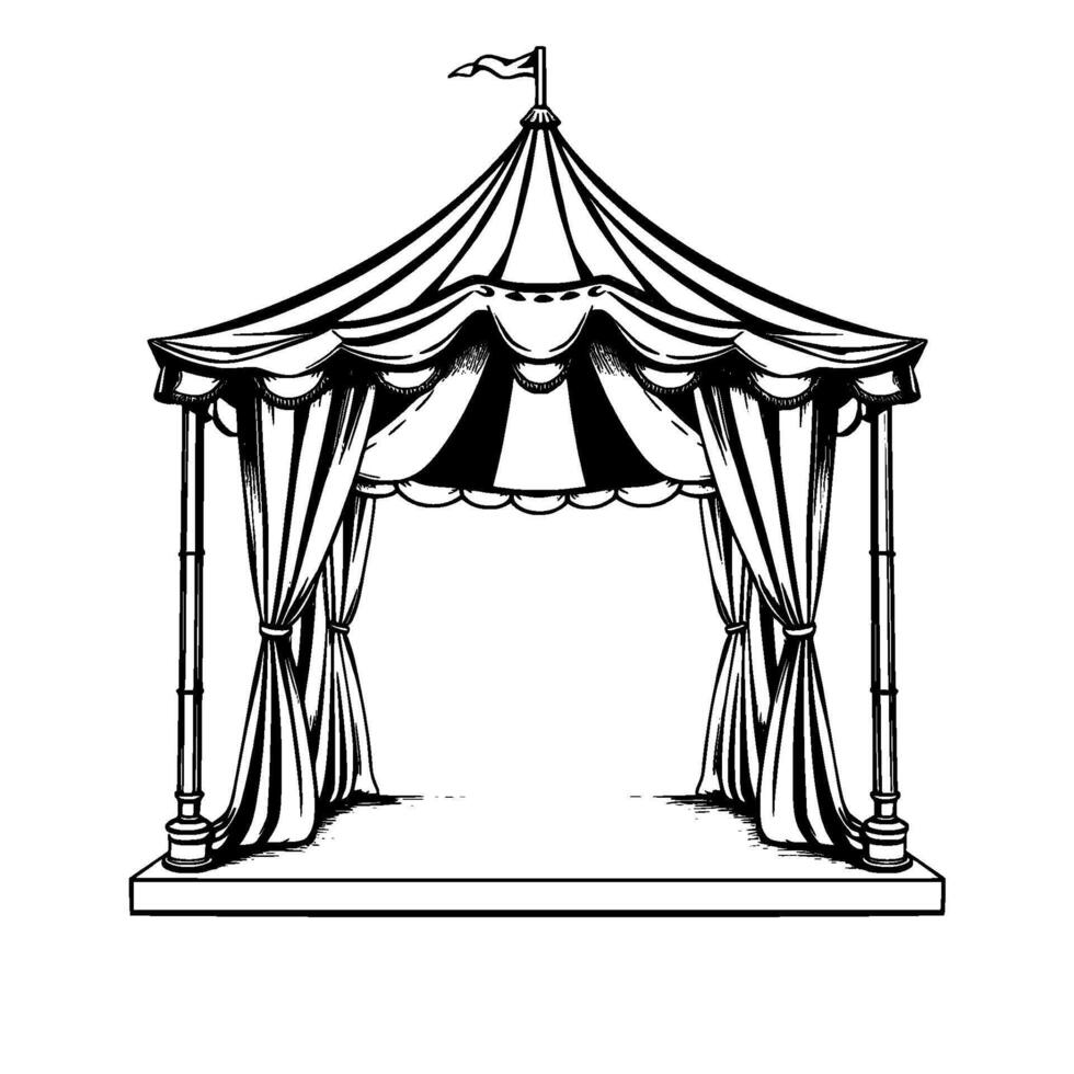 detailed black and white illustration of a vintage, ornate circus tent pavilion with striped awning, draped curtains, and flag on top, suitable for a stage. vector